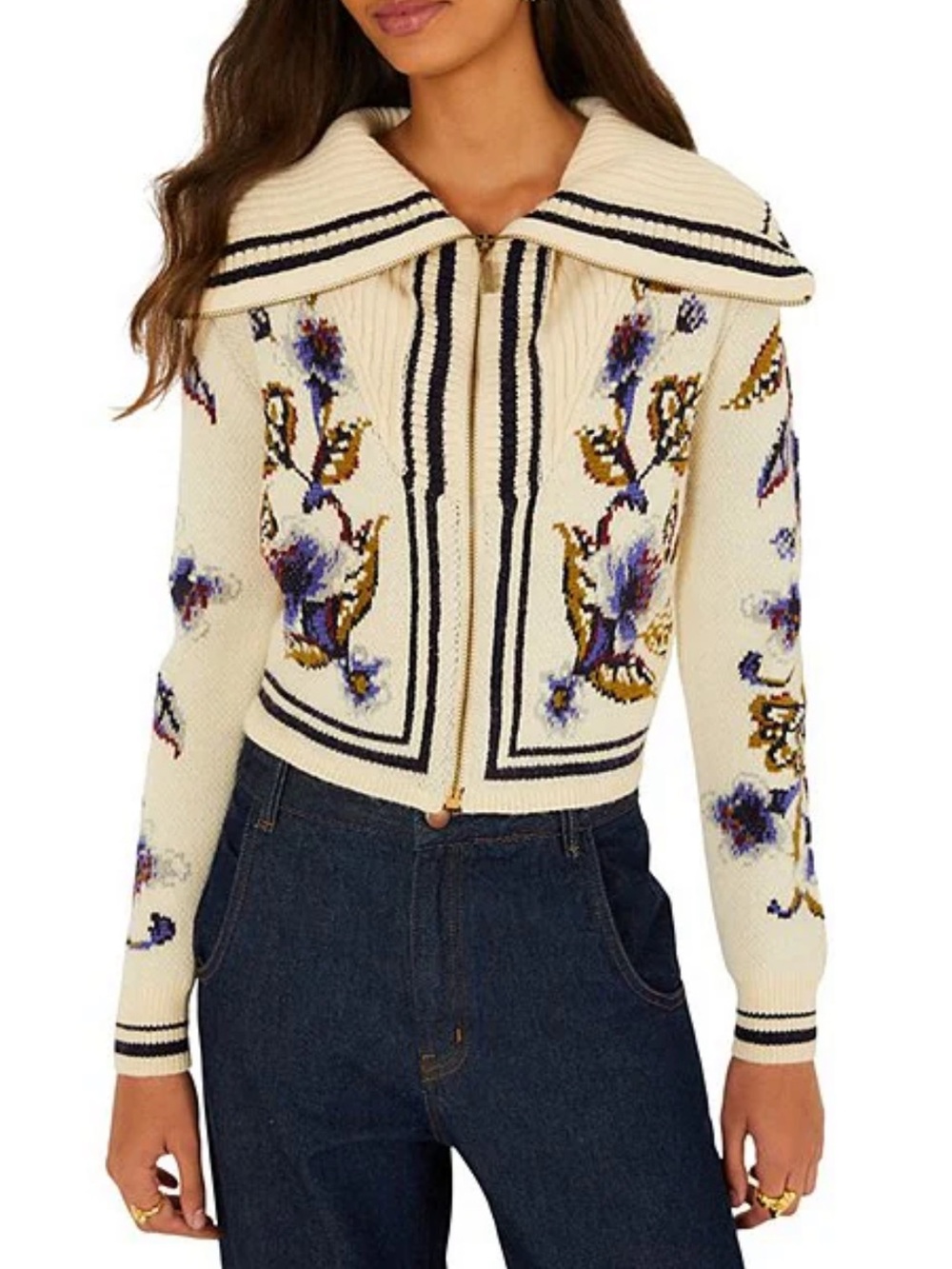 NWT🌷FARM Rio Golden Nature Collared Long Sleeve Zip-Front Knit Cardigan